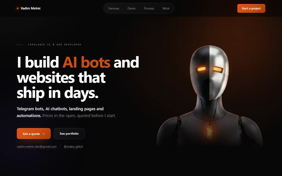 Services Landing page: hero reading "I build AI bots and websites that ship in days"