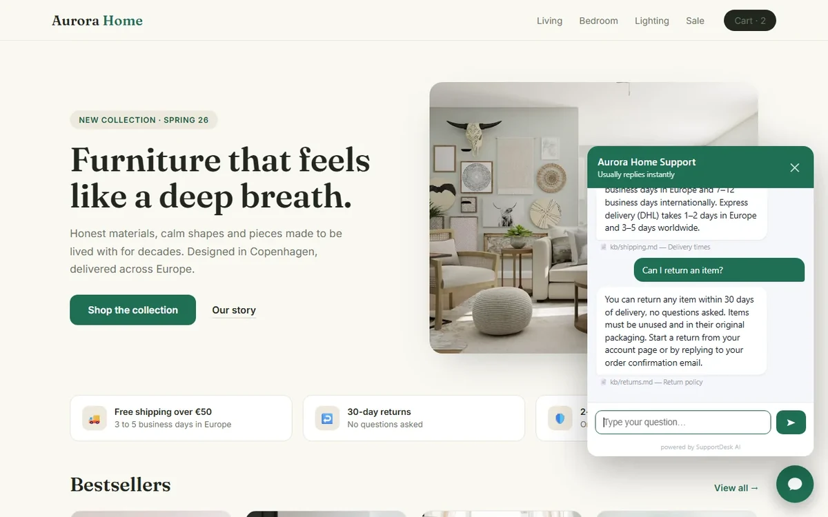 SupportDesk AI chat widget answering on a demo store, citing its source docs