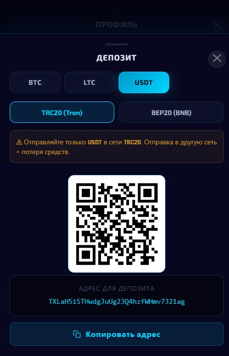 DROPFIX deposit flow: BTC, LTC, USDT with TRC20 and BEP20 networks, QR code and unique deposit address