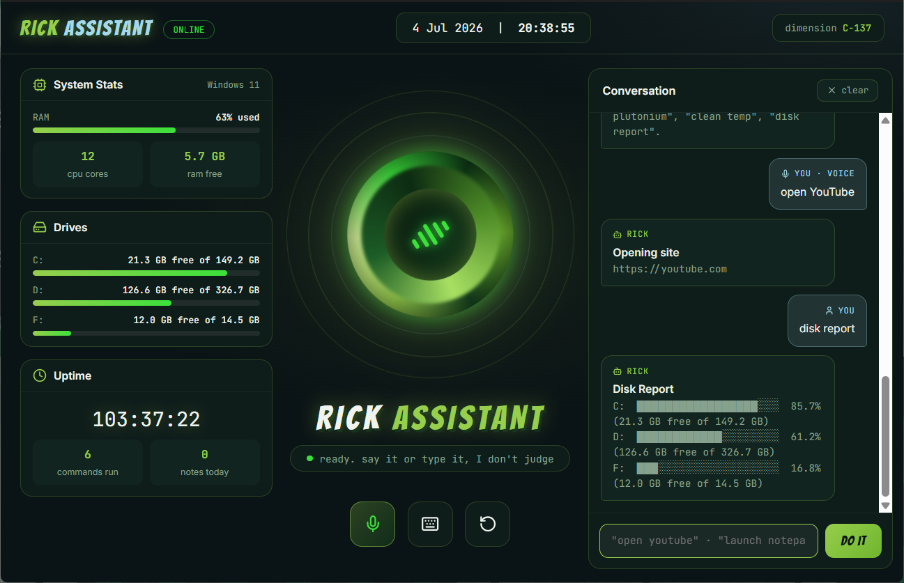 Rick Assistant: JARVIS-style dashboard with animated portal, live system widgets and a conversation panel showing a voice command
