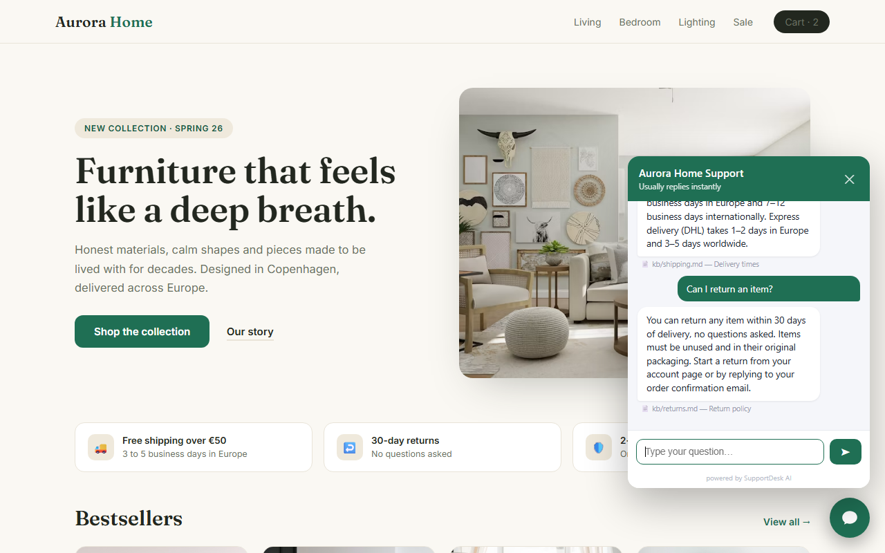 SupportDesk AI chat widget on a demo furniture store, real conversation with answers citing their knowledge-base sources