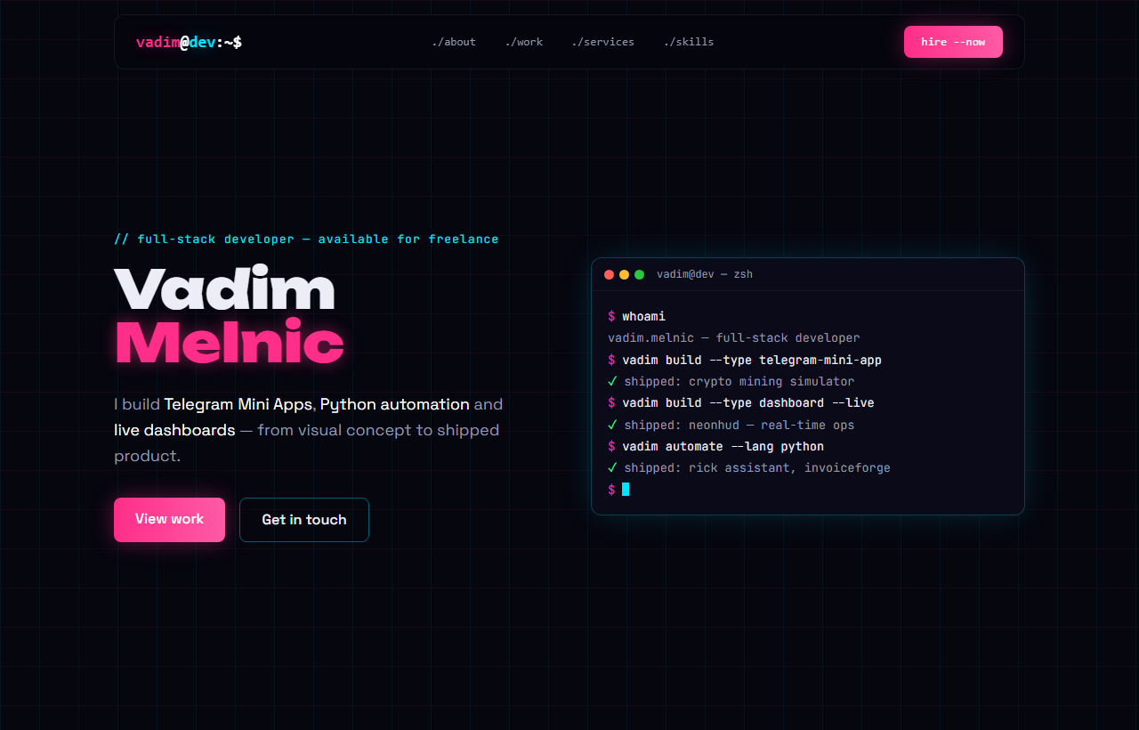 This portfolio website, neon terminal hero with animated typing, custom design system